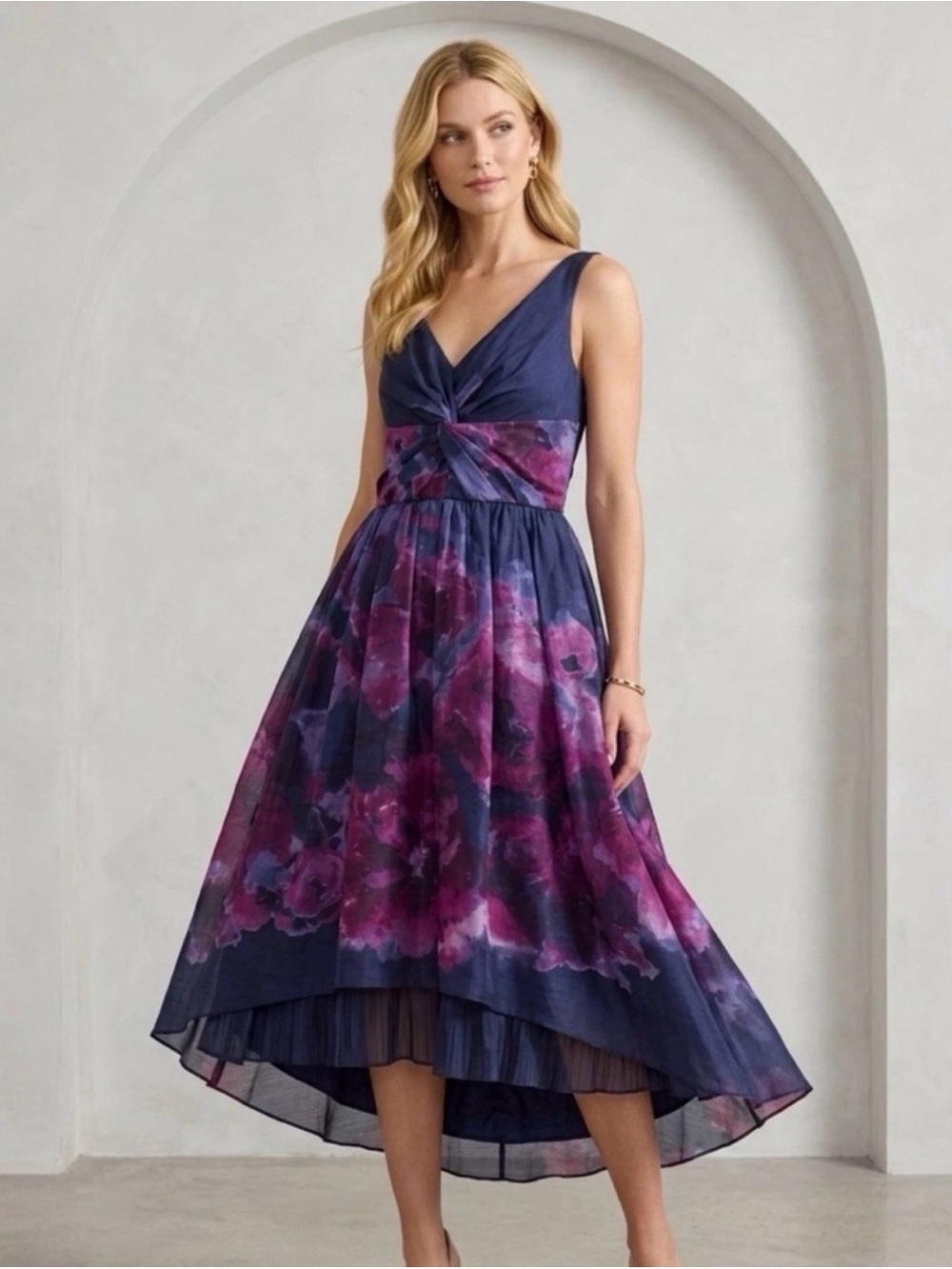 Lela Rose Women's Gray Watercolor Sleeveless V-Neck Silk Blend Dress Size 4